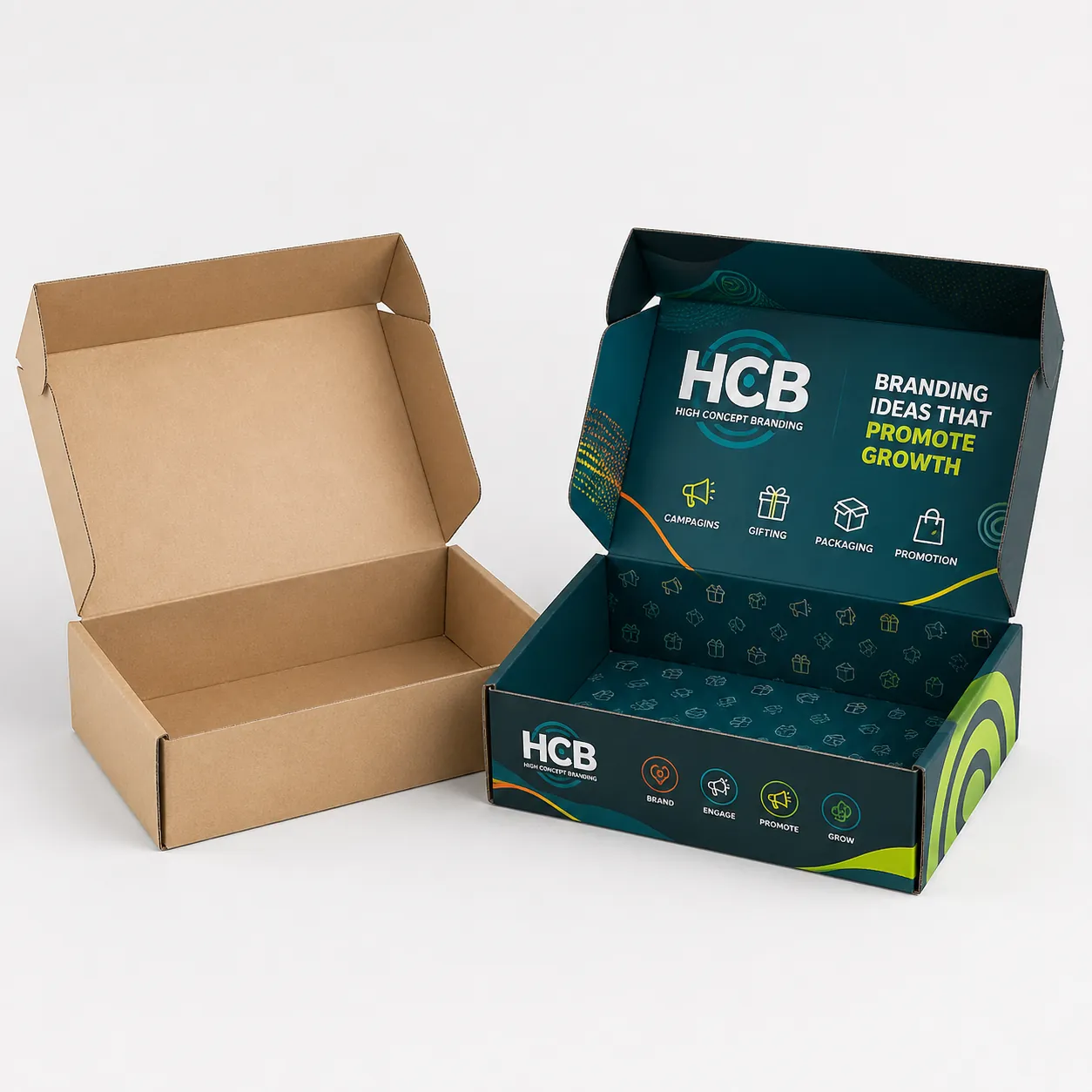 Open brown cardboard mailer box next to printed teal branding box.